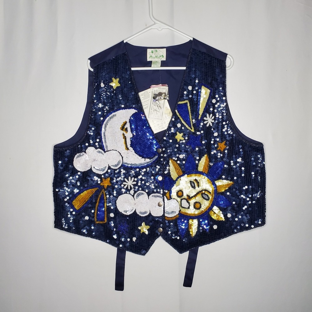 The Quacker Factory Sequin Vest Women 1X Moon Sun Astrology Celestial Whimsy Vtg